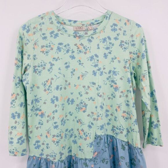 LOGO Lori Goldstein Size XS Green Blue Floral Print Knit Top w/ Asymmetric Seam - Picture 2 of 9